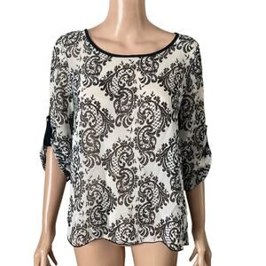 New Mode Womens Black and White Fancy Patterned Light Blouse Small